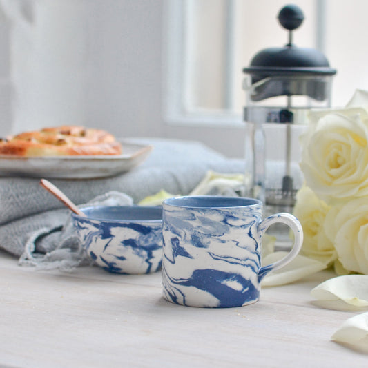 Marbled Small Coffee Cup, Blue & White
