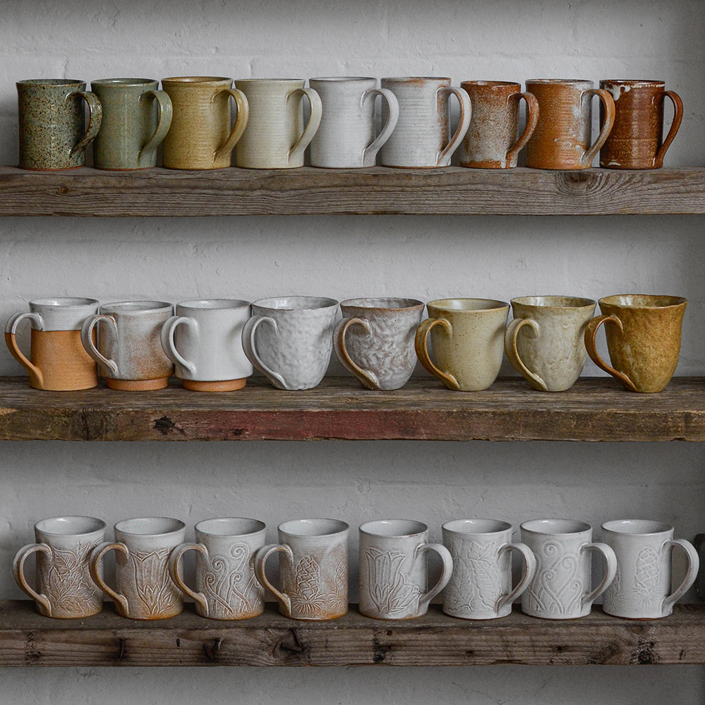 Mixed Pair Stoneware Mugs, Celadon Speckle & Unglazed