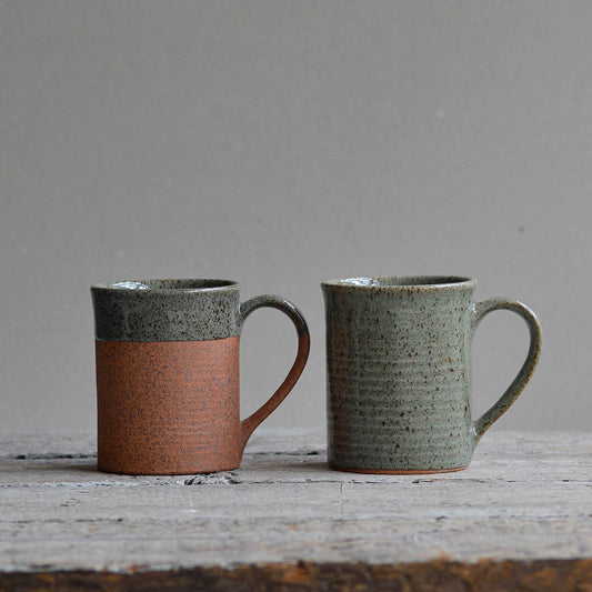 Mixed Pair Stoneware Mugs, Celadon Speckle & Unglazed
