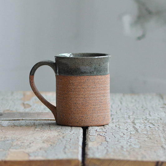 Mixed Pair Stoneware Mugs, Celadon Speckle & Unglazed